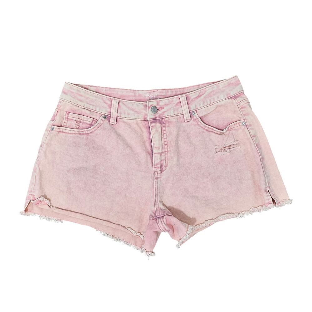 Time and Tru Pink High Rise Frayed Hem Distressed Denim Short sz 10